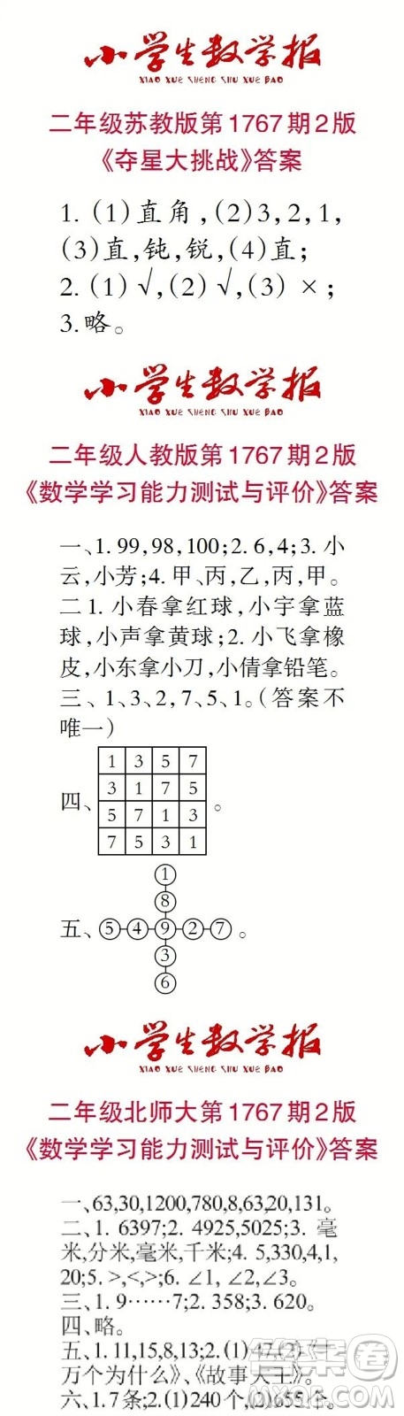 2023年春小學生數學報二年級第1767期答案