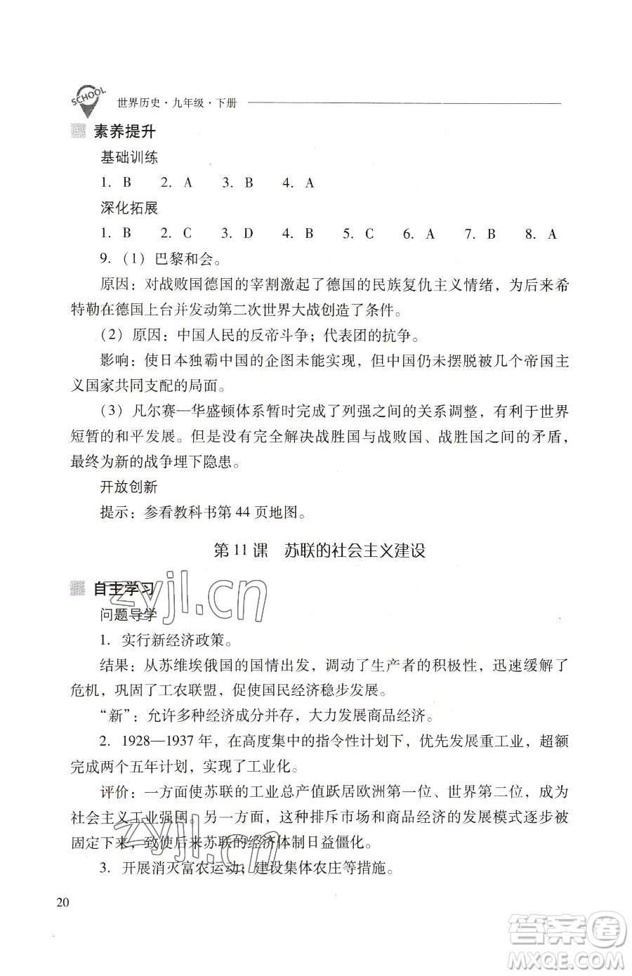 山西教育出版社2023新課程問題解決導學方案九年級下冊世界歷史人教版參考答案