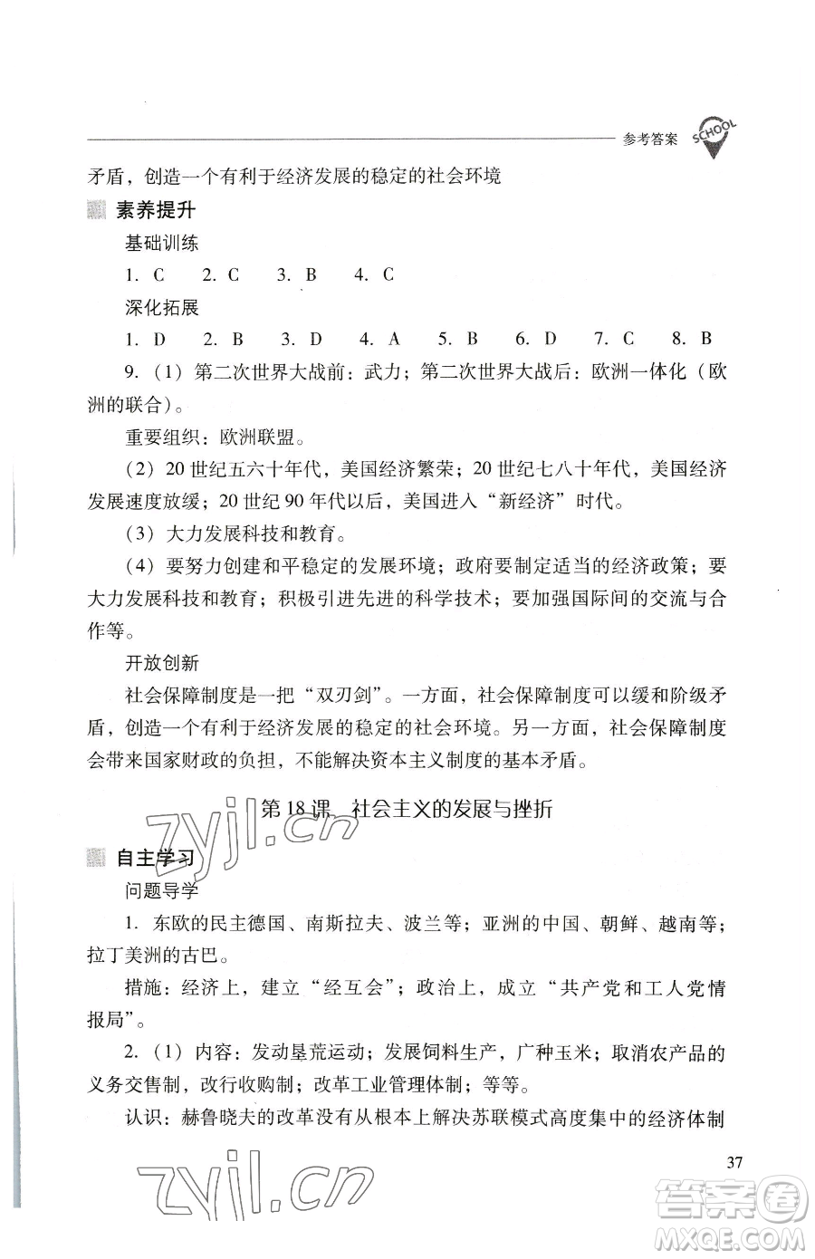 山西教育出版社2023新課程問題解決導學方案九年級下冊世界歷史人教版參考答案