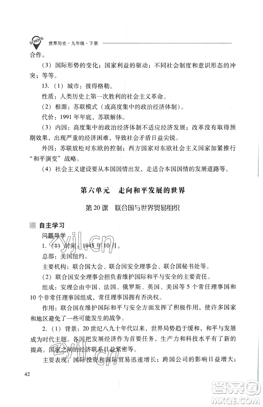 山西教育出版社2023新課程問題解決導學方案九年級下冊世界歷史人教版參考答案