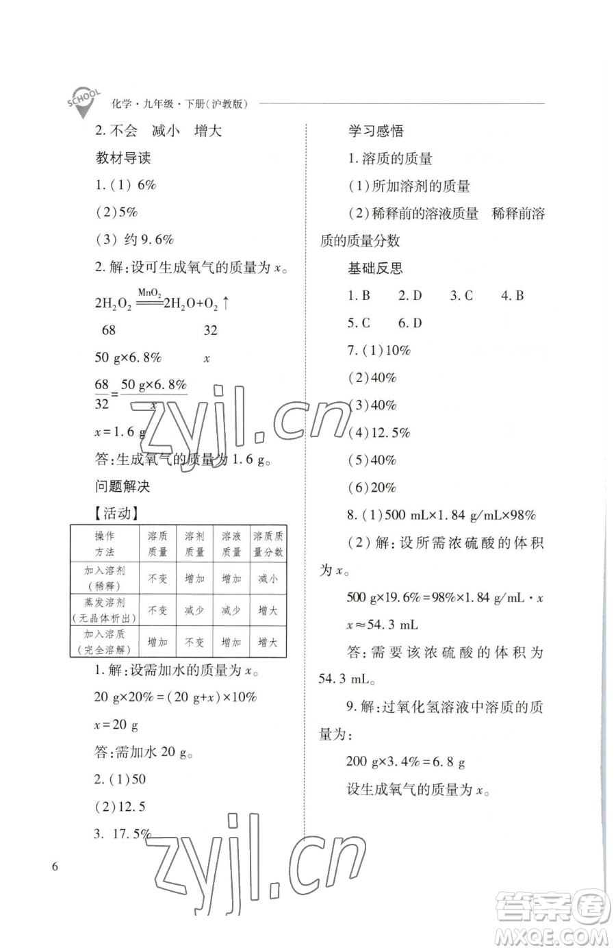 山西教育出版社2023新課程問(wèn)題解決導(dǎo)學(xué)方案九年級(jí)下冊(cè)化學(xué)滬教版參考答案