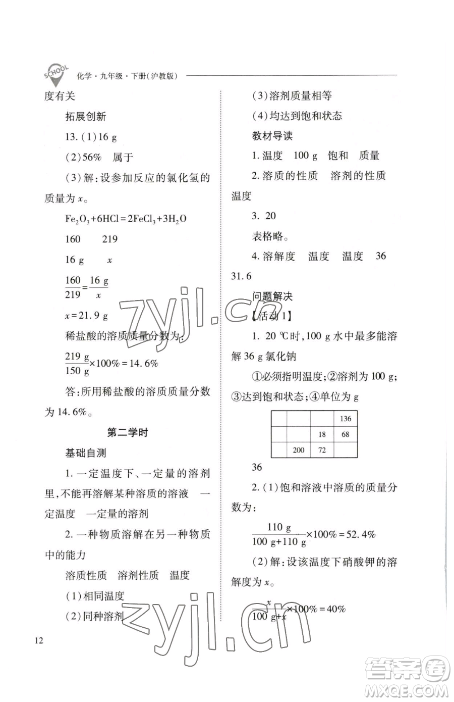 山西教育出版社2023新課程問(wèn)題解決導(dǎo)學(xué)方案九年級(jí)下冊(cè)化學(xué)滬教版參考答案