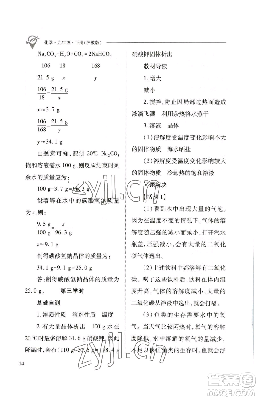 山西教育出版社2023新課程問(wèn)題解決導(dǎo)學(xué)方案九年級(jí)下冊(cè)化學(xué)滬教版參考答案