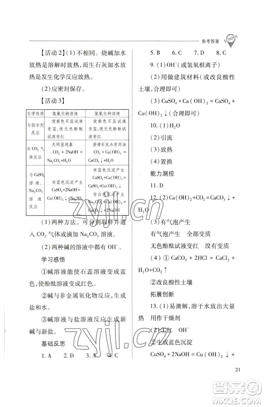 山西教育出版社2023新課程問(wèn)題解決導(dǎo)學(xué)方案九年級(jí)下冊(cè)化學(xué)滬教版參考答案