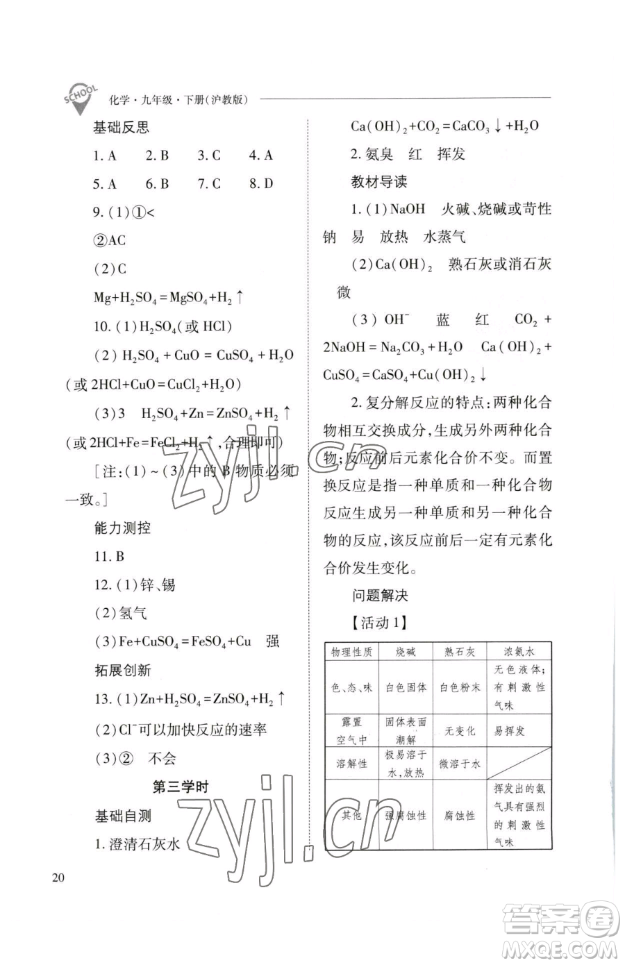 山西教育出版社2023新課程問(wèn)題解決導(dǎo)學(xué)方案九年級(jí)下冊(cè)化學(xué)滬教版參考答案