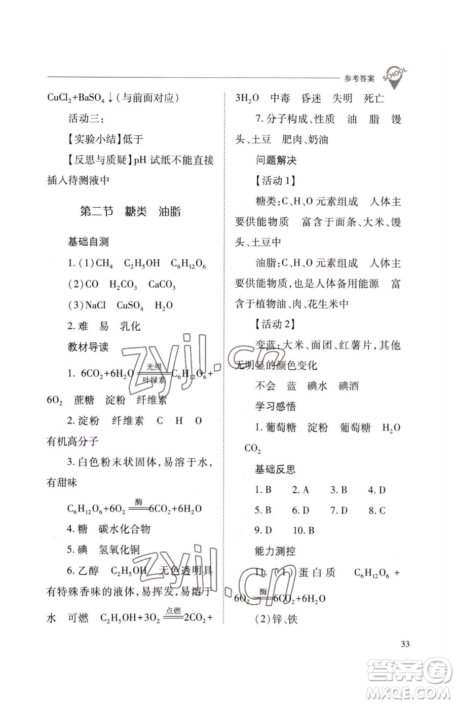 山西教育出版社2023新課程問(wèn)題解決導(dǎo)學(xué)方案九年級(jí)下冊(cè)化學(xué)滬教版參考答案