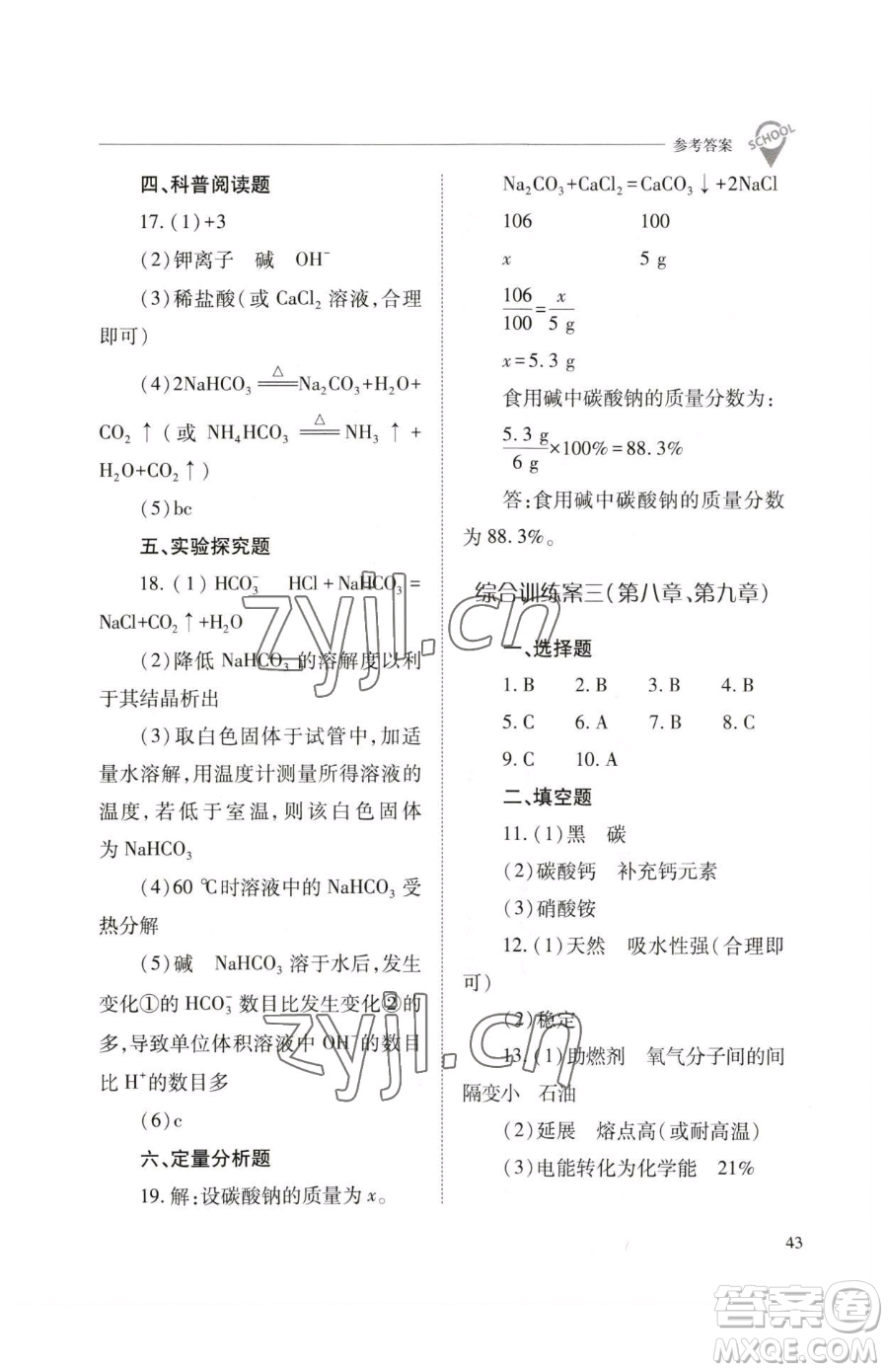 山西教育出版社2023新課程問(wèn)題解決導(dǎo)學(xué)方案九年級(jí)下冊(cè)化學(xué)滬教版參考答案