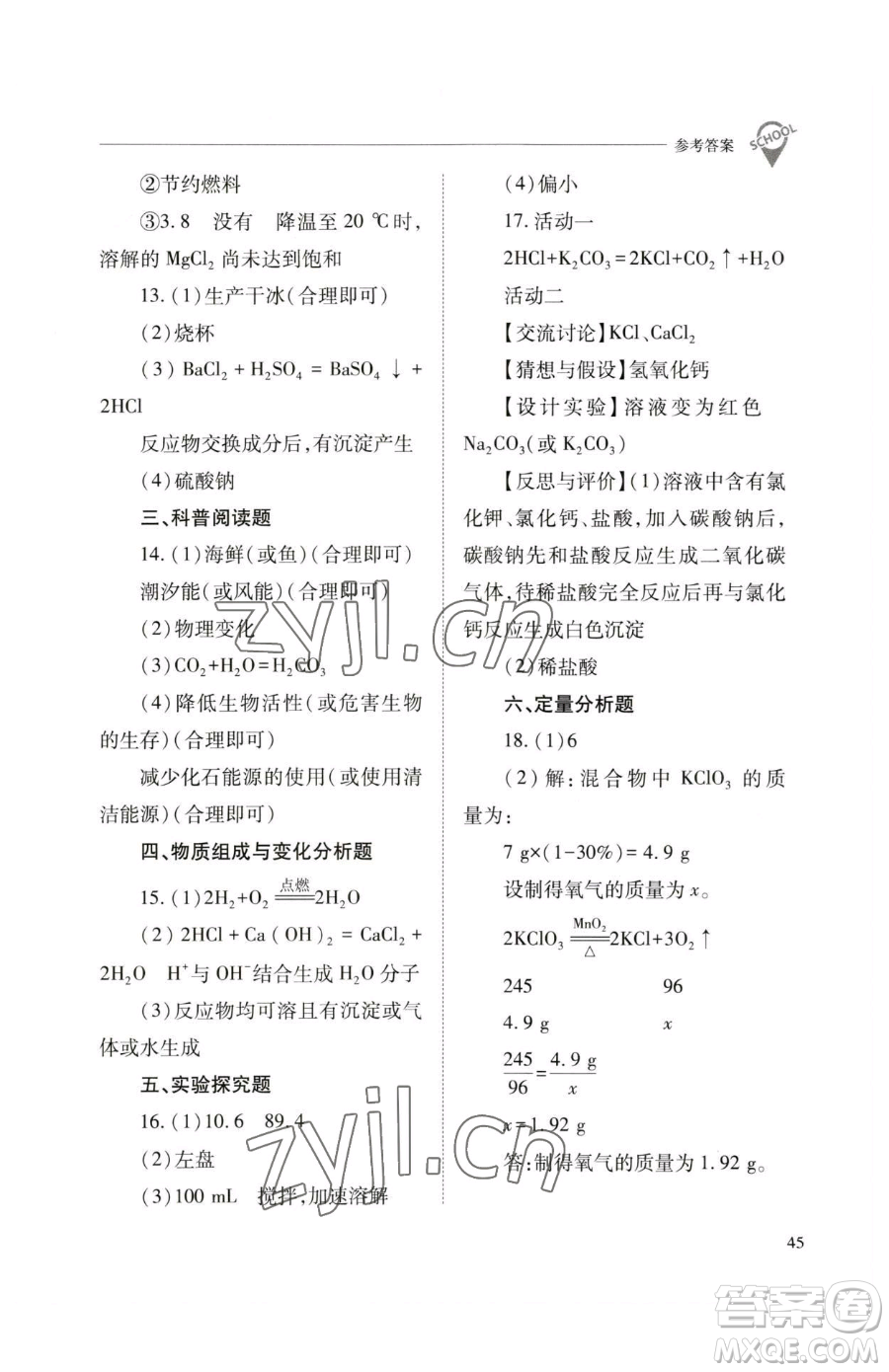 山西教育出版社2023新課程問(wèn)題解決導(dǎo)學(xué)方案九年級(jí)下冊(cè)化學(xué)滬教版參考答案