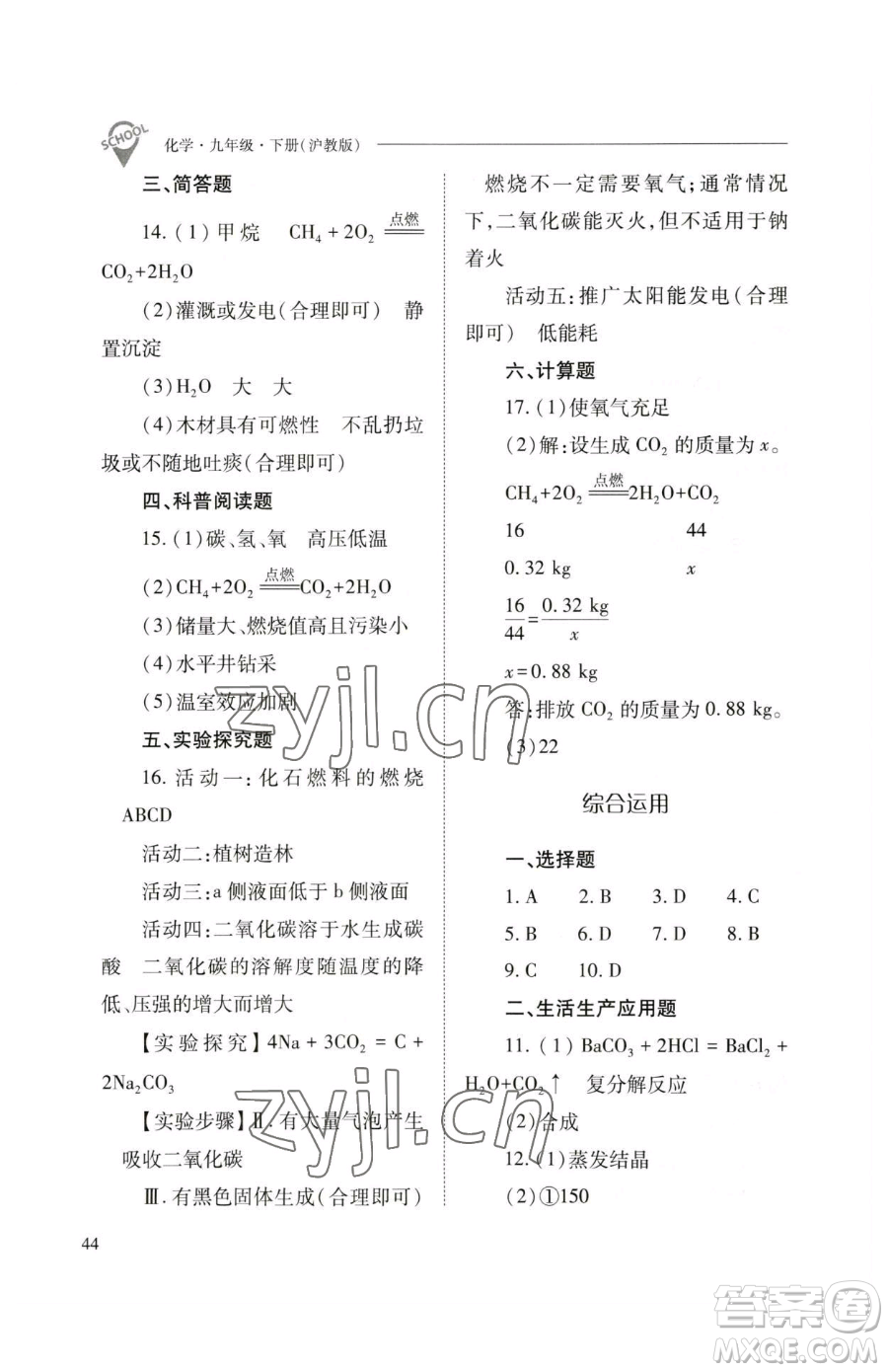 山西教育出版社2023新課程問(wèn)題解決導(dǎo)學(xué)方案九年級(jí)下冊(cè)化學(xué)滬教版參考答案