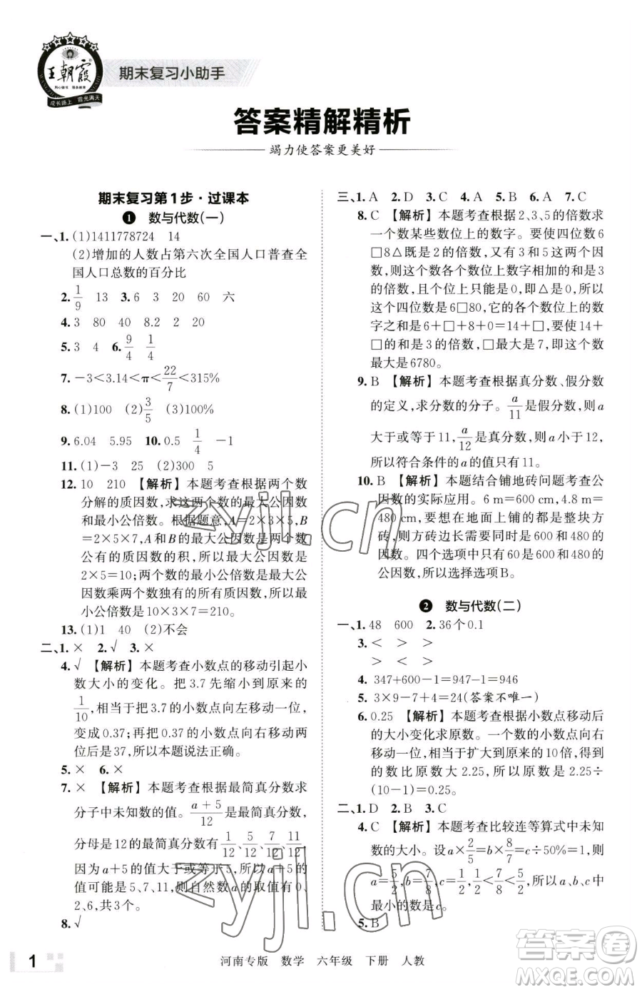 江西人民出版社2023王朝霞各地期末試卷精選六年級(jí)下冊(cè)數(shù)學(xué)人教版河南專版參考答案