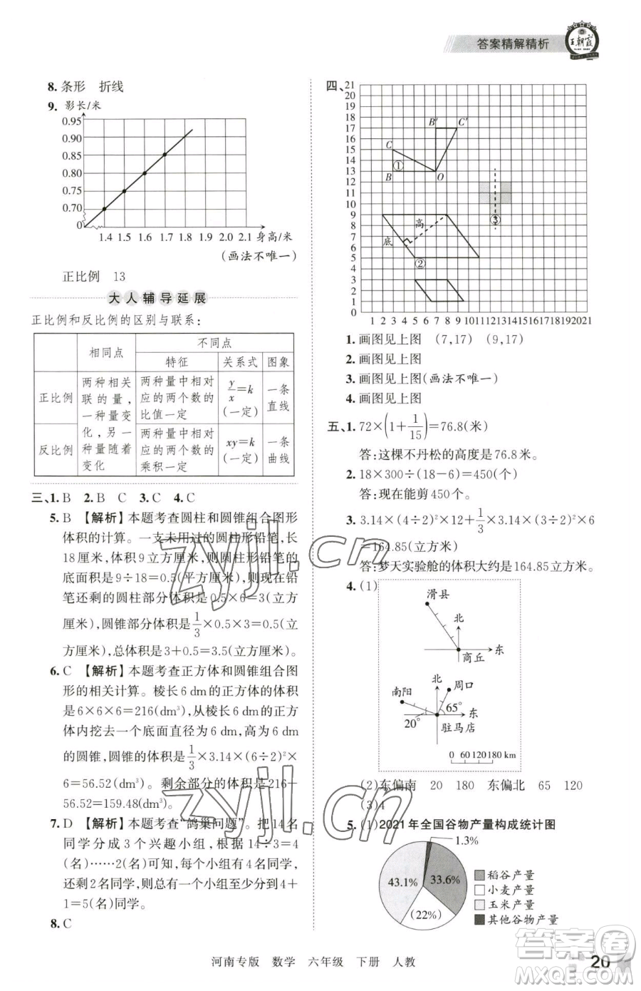 江西人民出版社2023王朝霞各地期末試卷精選六年級(jí)下冊(cè)數(shù)學(xué)人教版河南專版參考答案