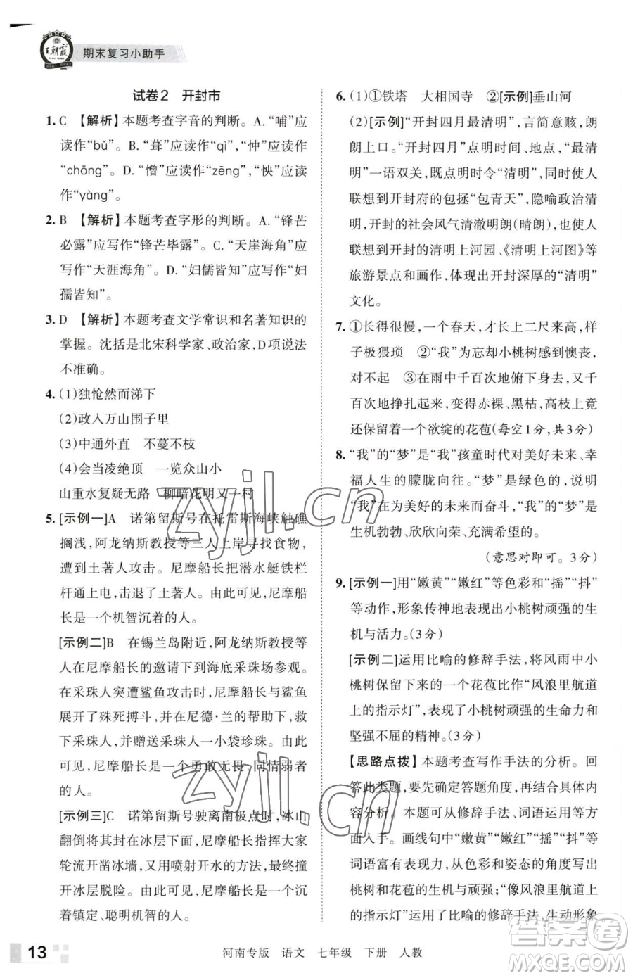 江西人民出版社2023王朝霞各地期末試卷精選七年級(jí)下冊(cè)語(yǔ)文人教版河南專版參考答案