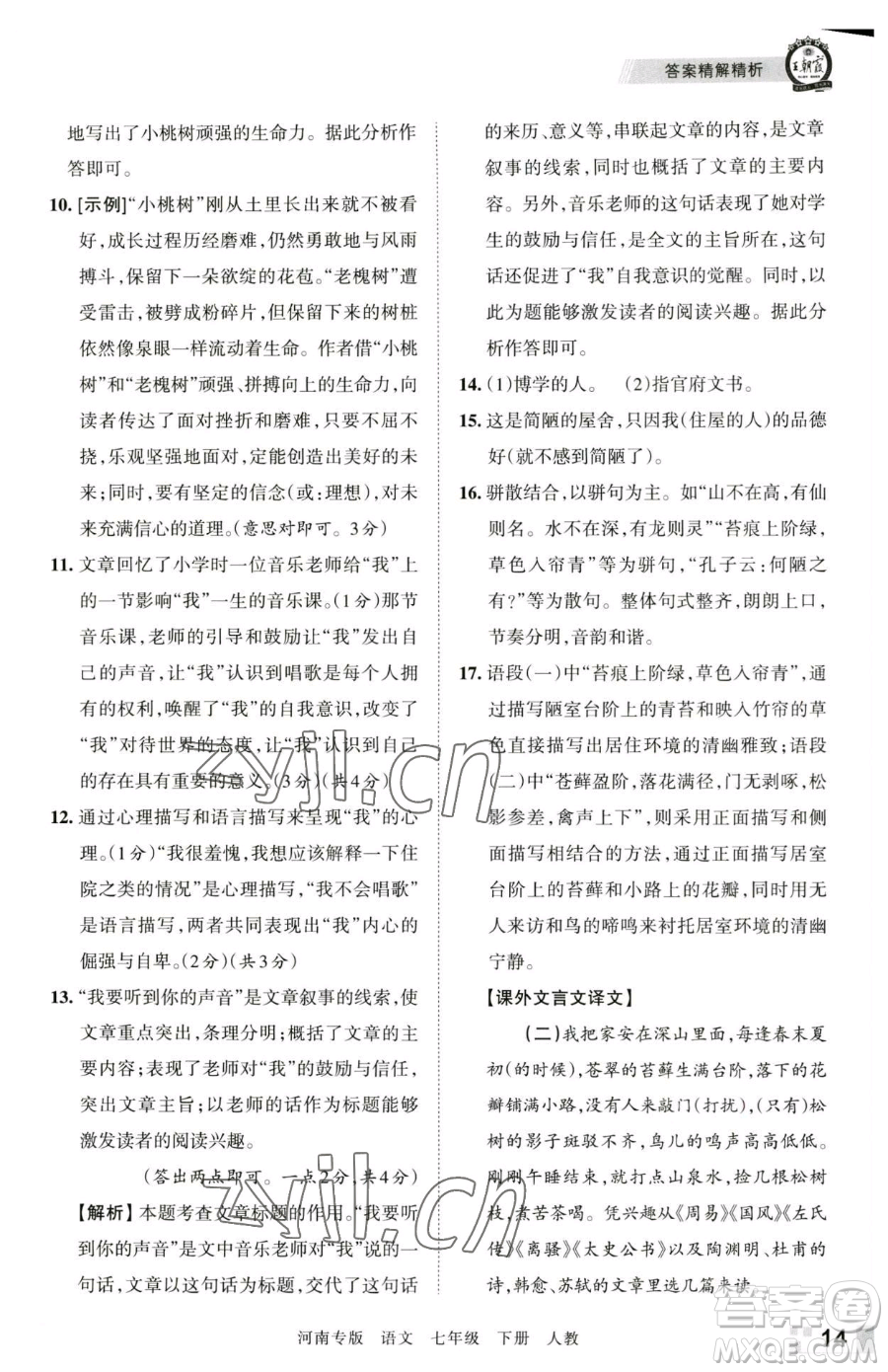 江西人民出版社2023王朝霞各地期末試卷精選七年級(jí)下冊(cè)語(yǔ)文人教版河南專版參考答案