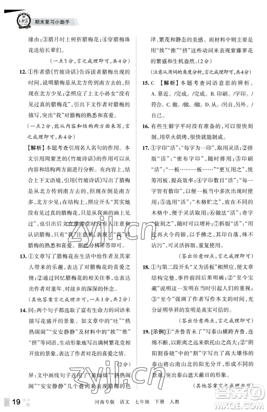 江西人民出版社2023王朝霞各地期末試卷精選七年級(jí)下冊(cè)語(yǔ)文人教版河南專版參考答案