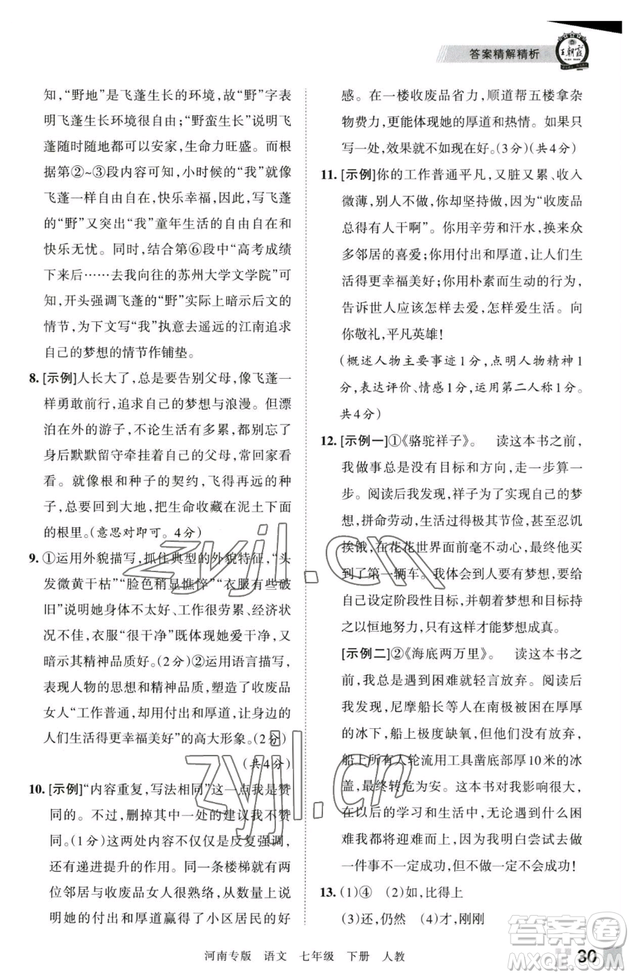 江西人民出版社2023王朝霞各地期末試卷精選七年級(jí)下冊(cè)語(yǔ)文人教版河南專版參考答案