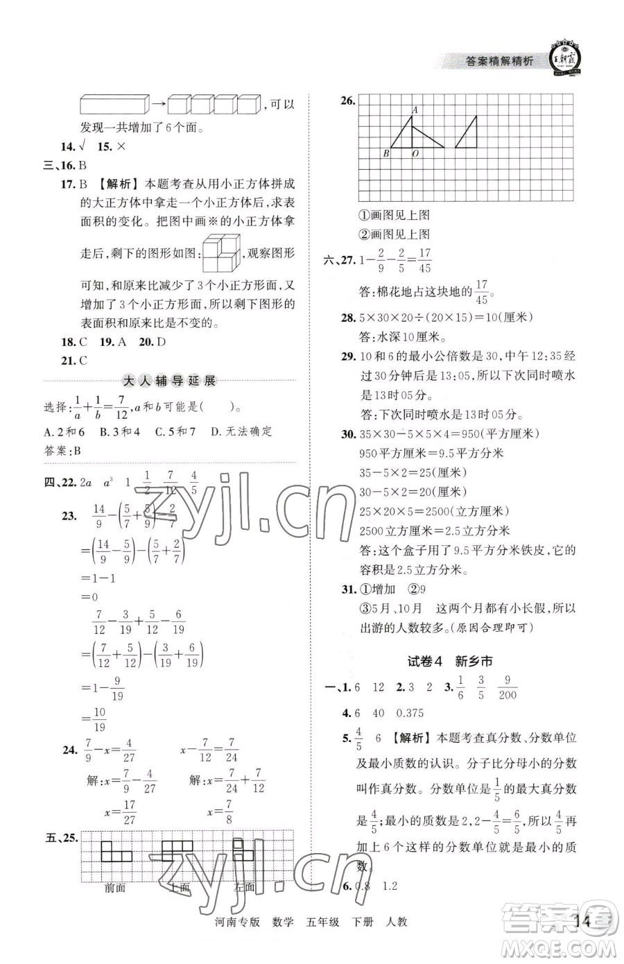 江西人民出版社2023王朝霞各地期末試卷精選五年級下冊數學人教版河南專版參考答案