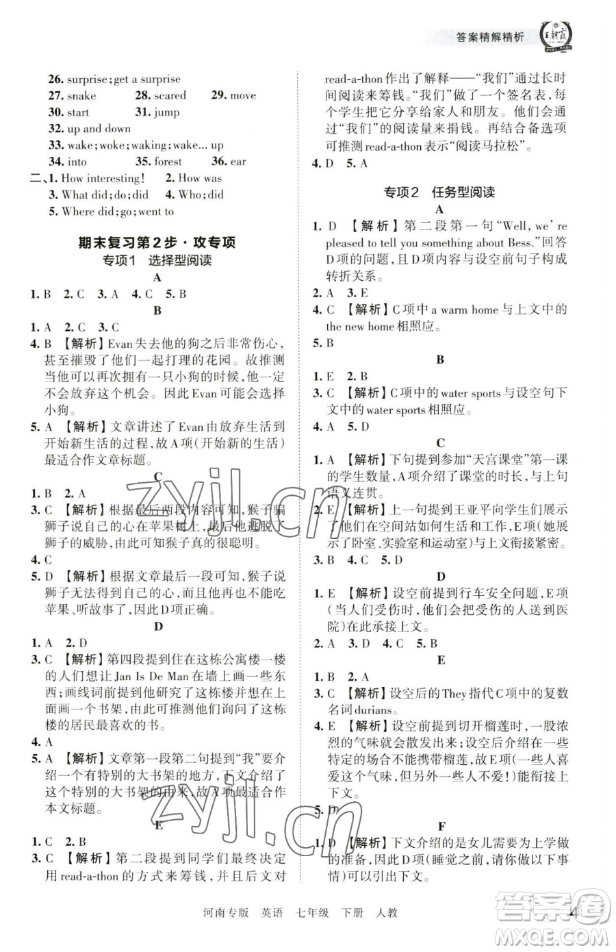 江西人民出版社2023王朝霞各地期末試卷精選七年級(jí)下冊(cè)英語(yǔ)人教版河南專(zhuān)版參考答案
