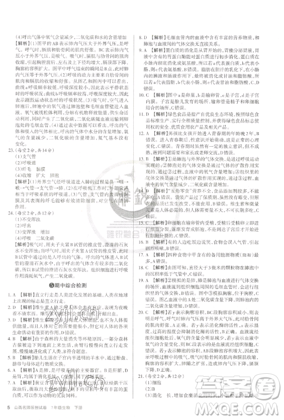 北京教育出版社2023山西名師原創(chuàng)試卷七年級(jí)下冊(cè)生物人教版參考答案