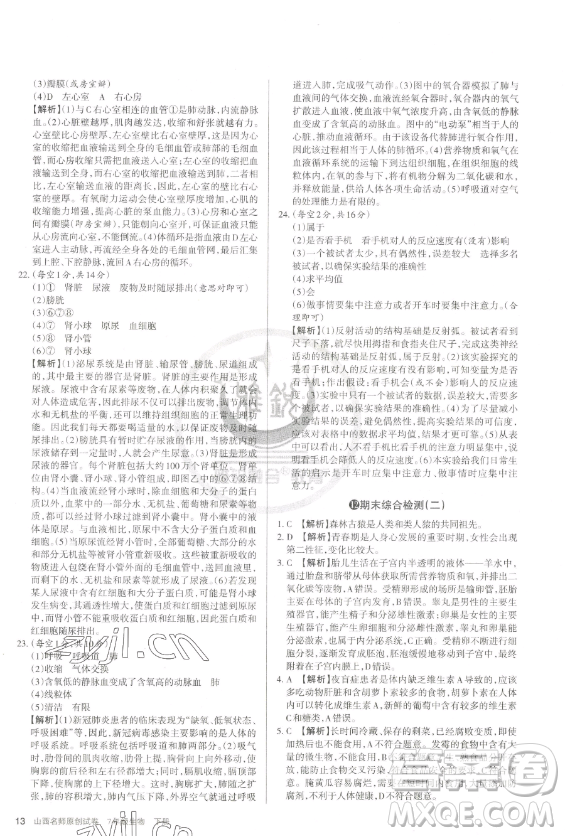 北京教育出版社2023山西名師原創(chuàng)試卷七年級(jí)下冊(cè)生物人教版參考答案