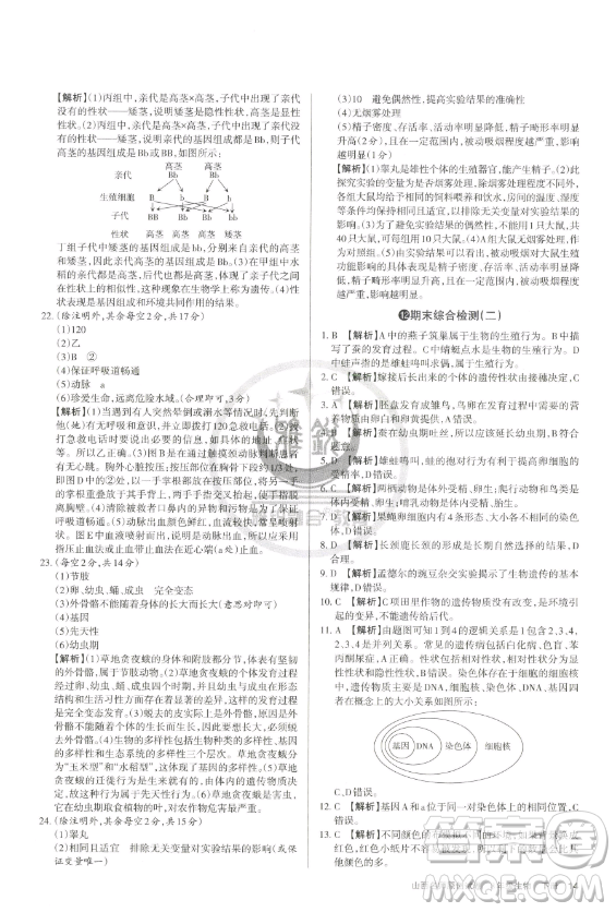 北京教育出版社2023山西名師原創(chuàng)試卷八年級下冊生物人教版參考答案