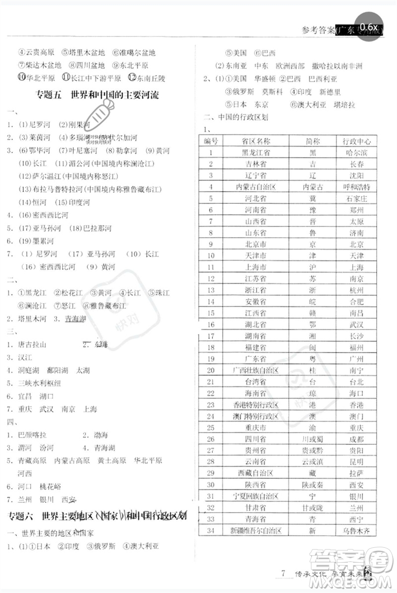 世界圖書出版公司2023新課標(biāo)中考寶典九年級(jí)地理通用版廣東專版參考答案