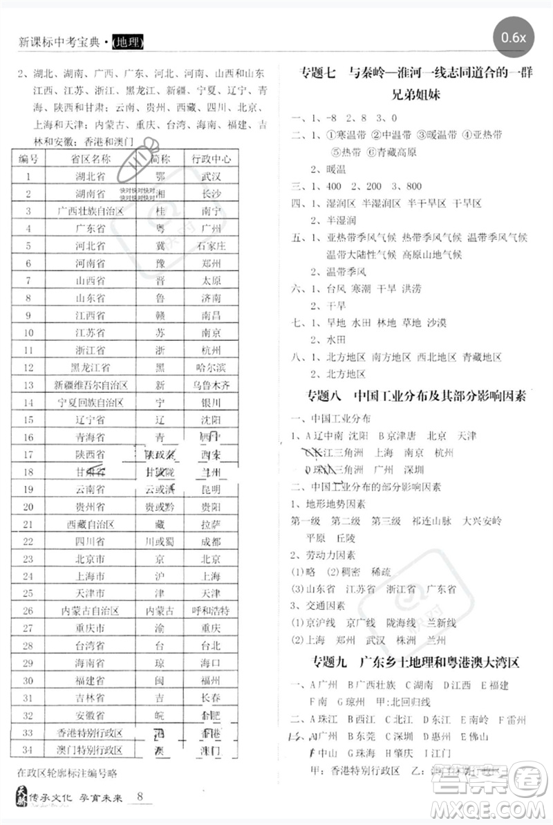 世界圖書出版公司2023新課標(biāo)中考寶典九年級(jí)地理通用版廣東專版參考答案