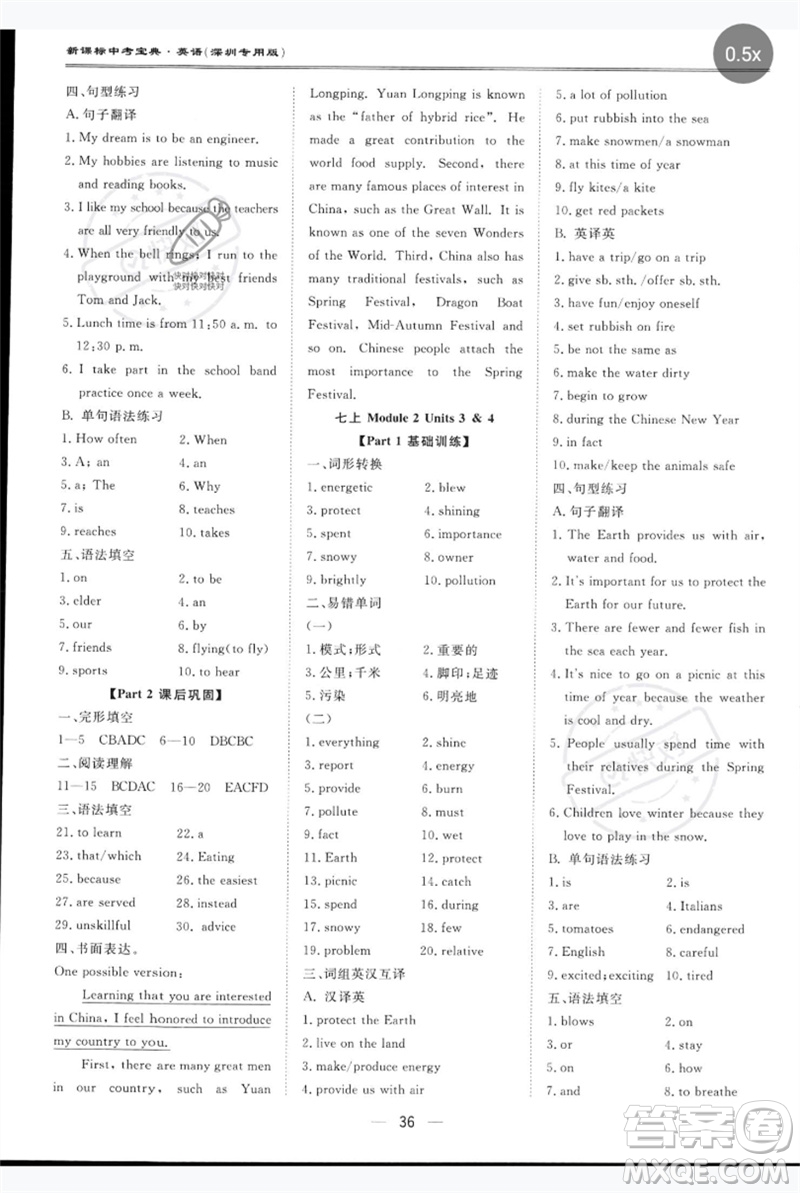 世界圖書出版公司2023新課標中考寶典九年級英語通用版深圳專版參考答案
