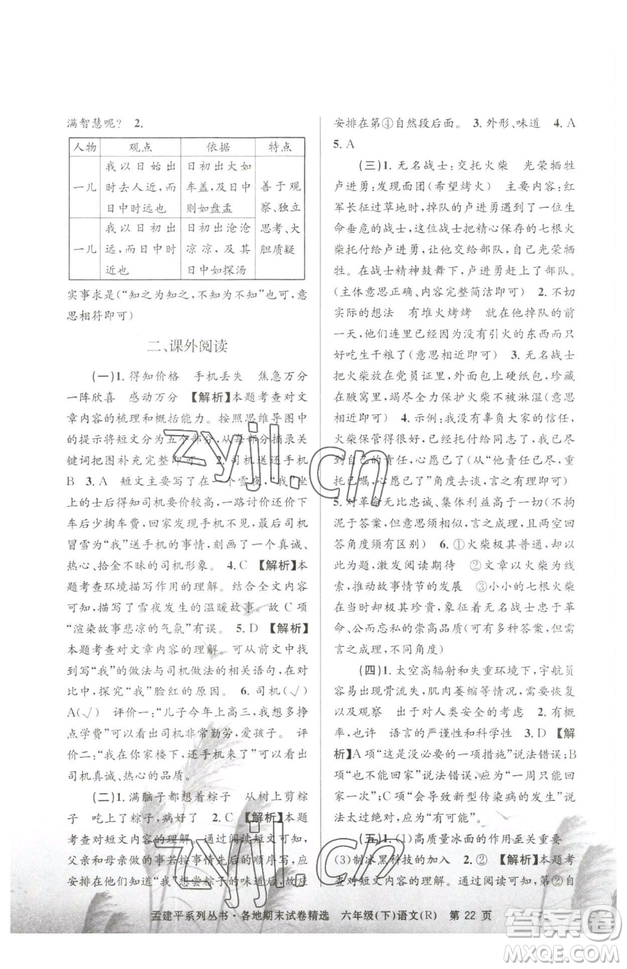 浙江工商大學(xué)出版社2023孟建平各地期末試卷精選六年級(jí)下冊(cè)語(yǔ)文人教版參考答案