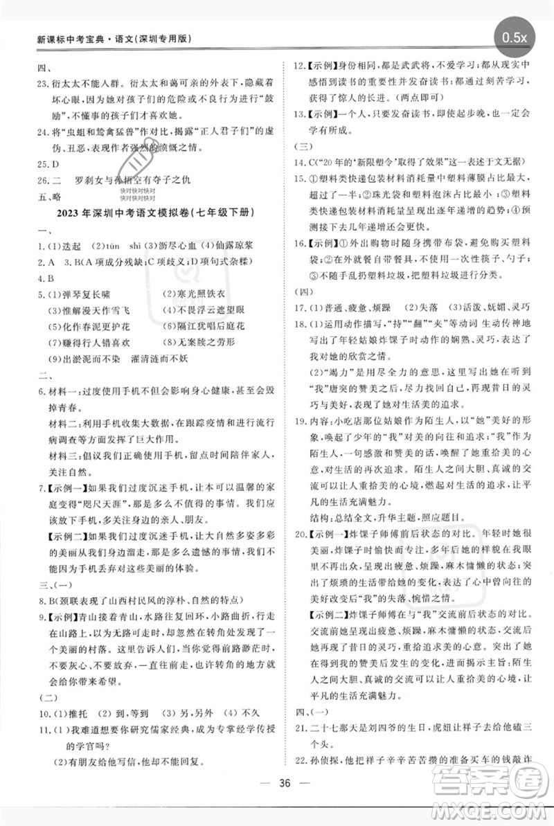 世界圖書出版公司2023新課標中考寶典九年級語文通用版深圳專版參考答案