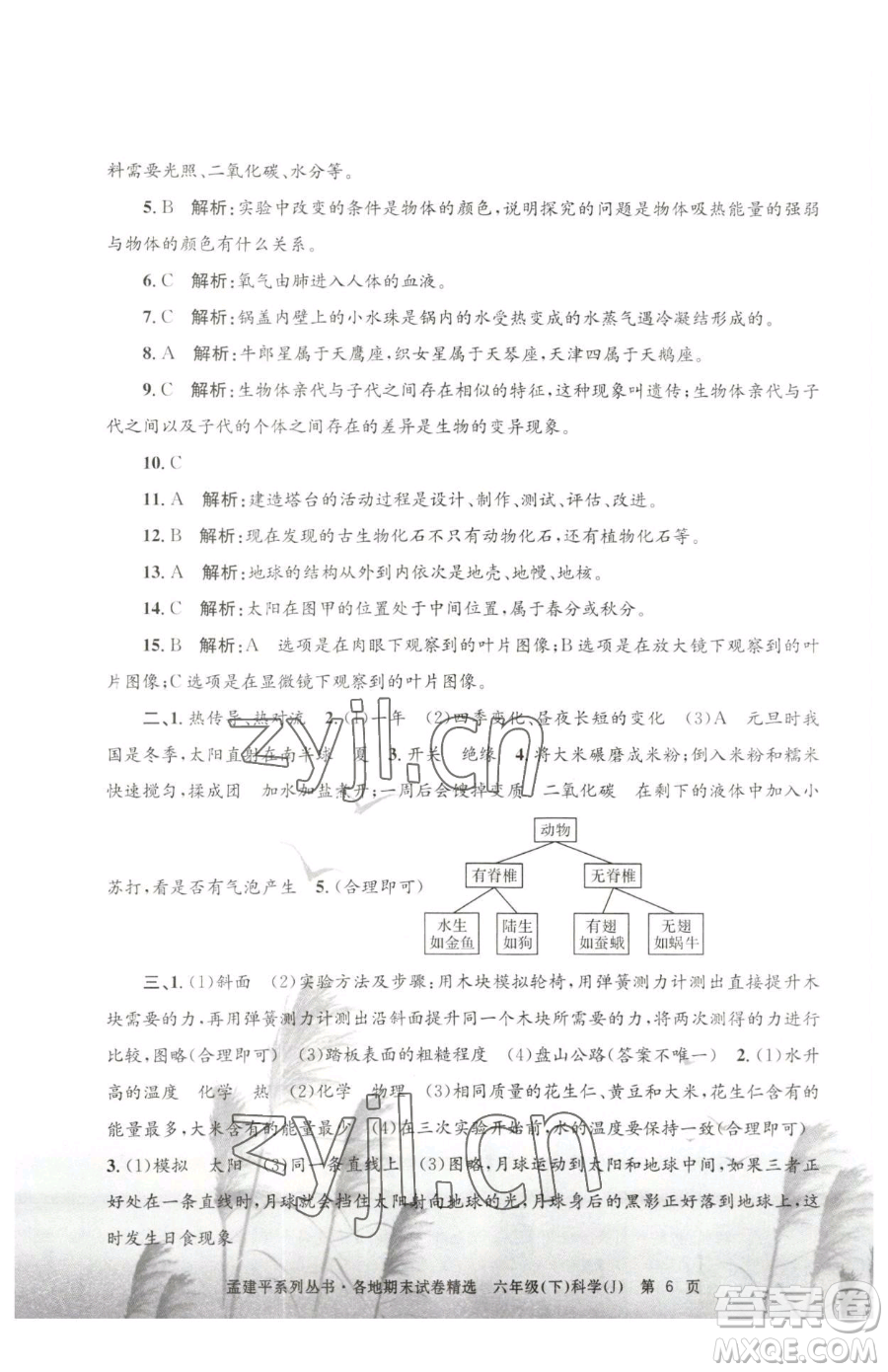 浙江工商大學(xué)出版社2023孟建平各地期末試卷精選六年級(jí)下冊(cè)科學(xué)教科版參考答案
