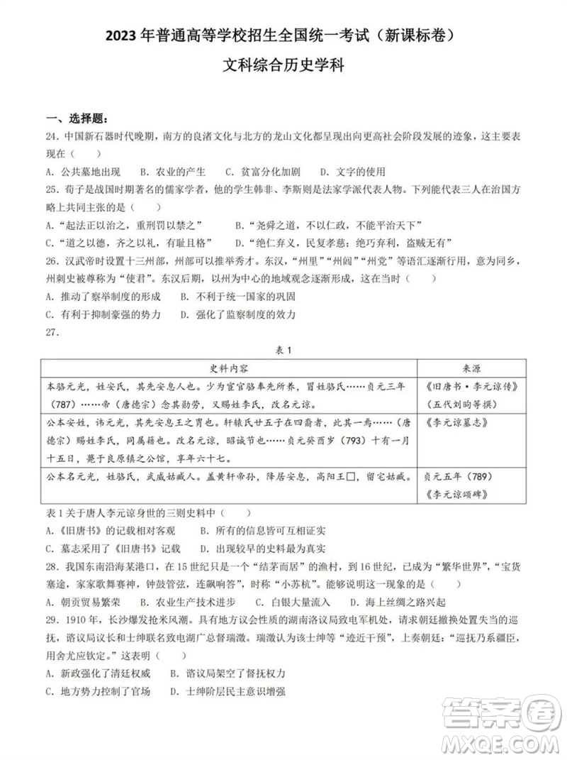 2023年高考新課標(biāo)全國(guó)II卷歷史試題答案