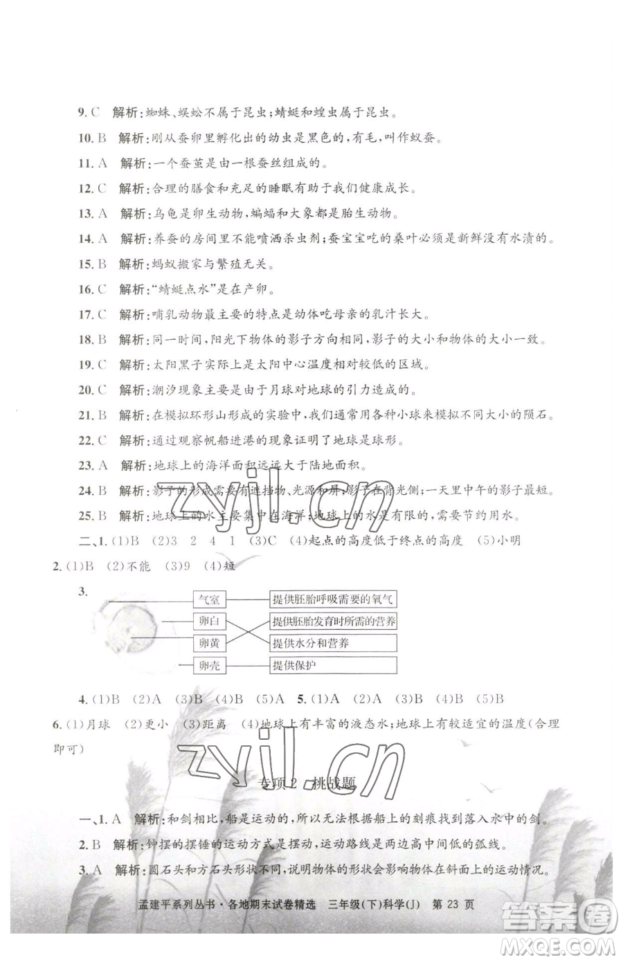 浙江工商大學(xué)出版社2023孟建平各地期末試卷精選三年級(jí)下冊(cè)科學(xué)教科版臺(tái)州專版參考答案