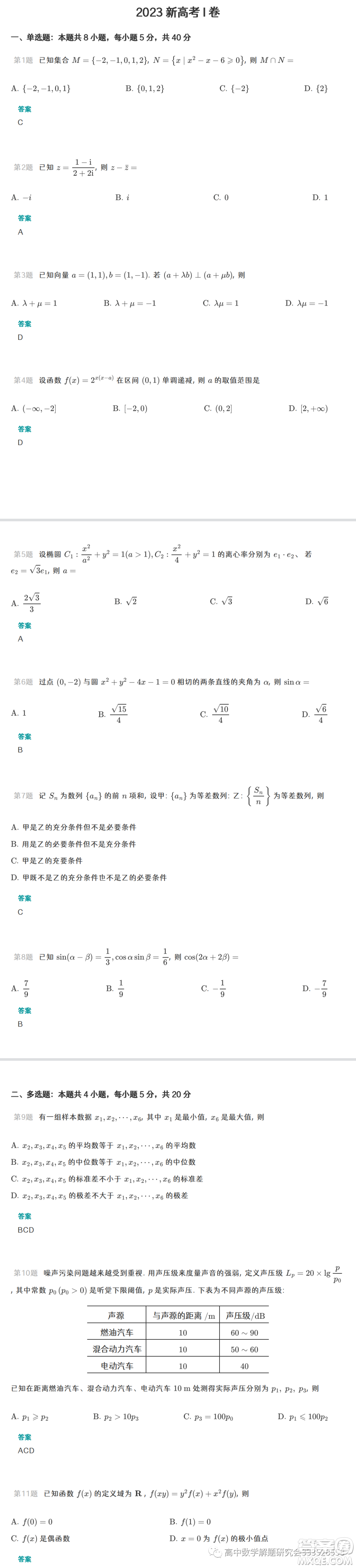 2023年高考新課標I卷數(shù)學試卷答案