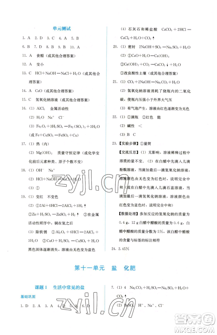 人民教育出版社2023人教金學典同步解析與測評九年級下冊化學人教版山西專用參考答案