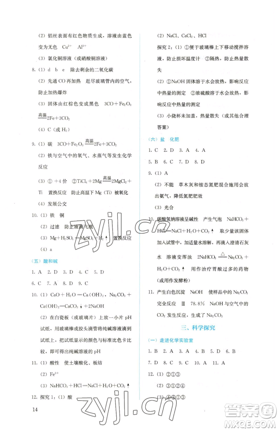 人民教育出版社2023人教金學典同步解析與測評九年級下冊化學人教版山西專用參考答案