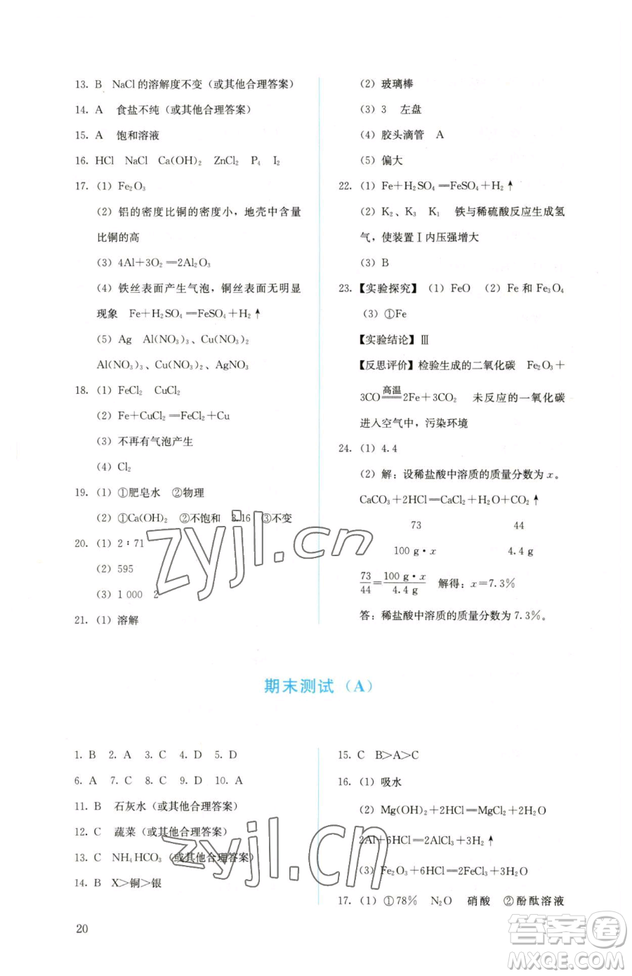 人民教育出版社2023人教金學典同步解析與測評九年級下冊化學人教版山西專用參考答案