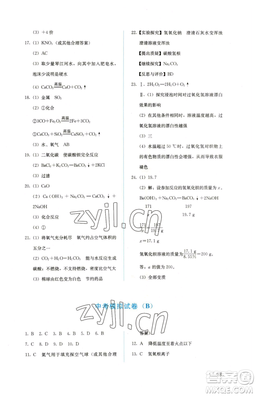 人民教育出版社2023人教金學典同步解析與測評九年級下冊化學人教版山西專用參考答案