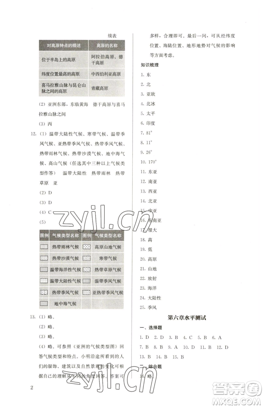 人民教育出版社2023人教金學典同步解析與測評七年級下冊地理人教版參考答案