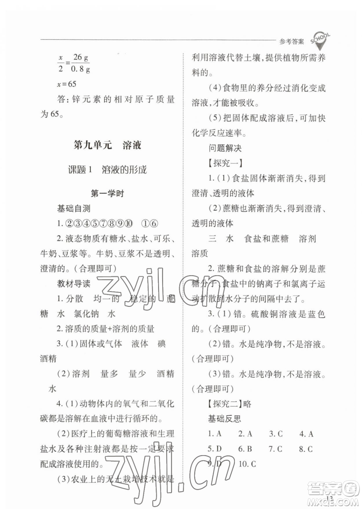 山西教育出版社2023新課程問題解決導(dǎo)學(xué)方案九年級下冊化學(xué)人教版參考答案