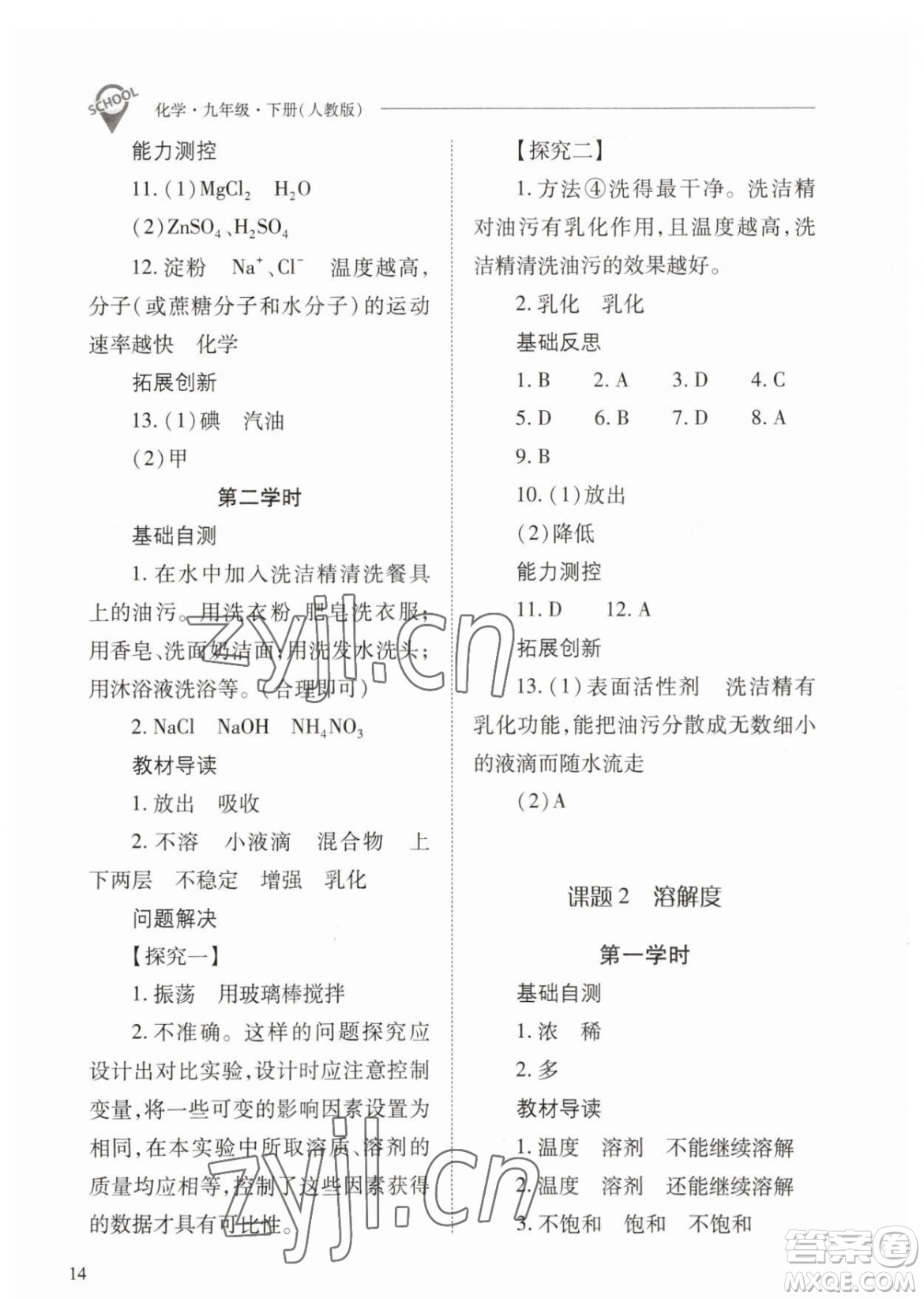 山西教育出版社2023新課程問題解決導(dǎo)學(xué)方案九年級下冊化學(xué)人教版參考答案
