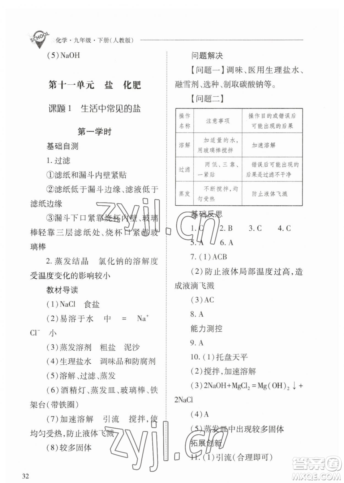 山西教育出版社2023新課程問題解決導(dǎo)學(xué)方案九年級下冊化學(xué)人教版參考答案