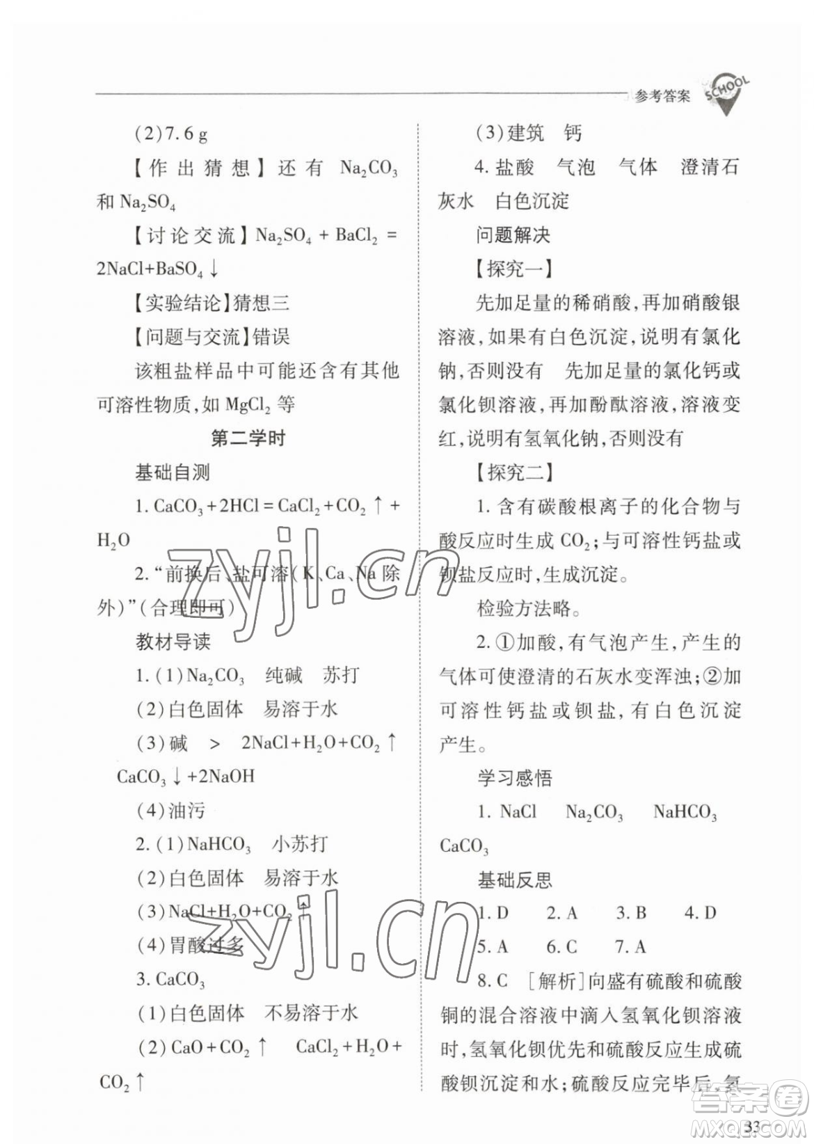 山西教育出版社2023新課程問題解決導(dǎo)學(xué)方案九年級下冊化學(xué)人教版參考答案