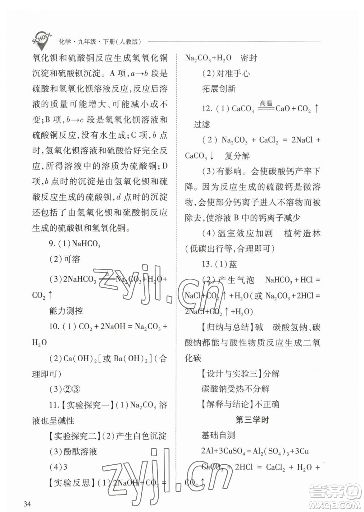 山西教育出版社2023新課程問題解決導(dǎo)學(xué)方案九年級下冊化學(xué)人教版參考答案
