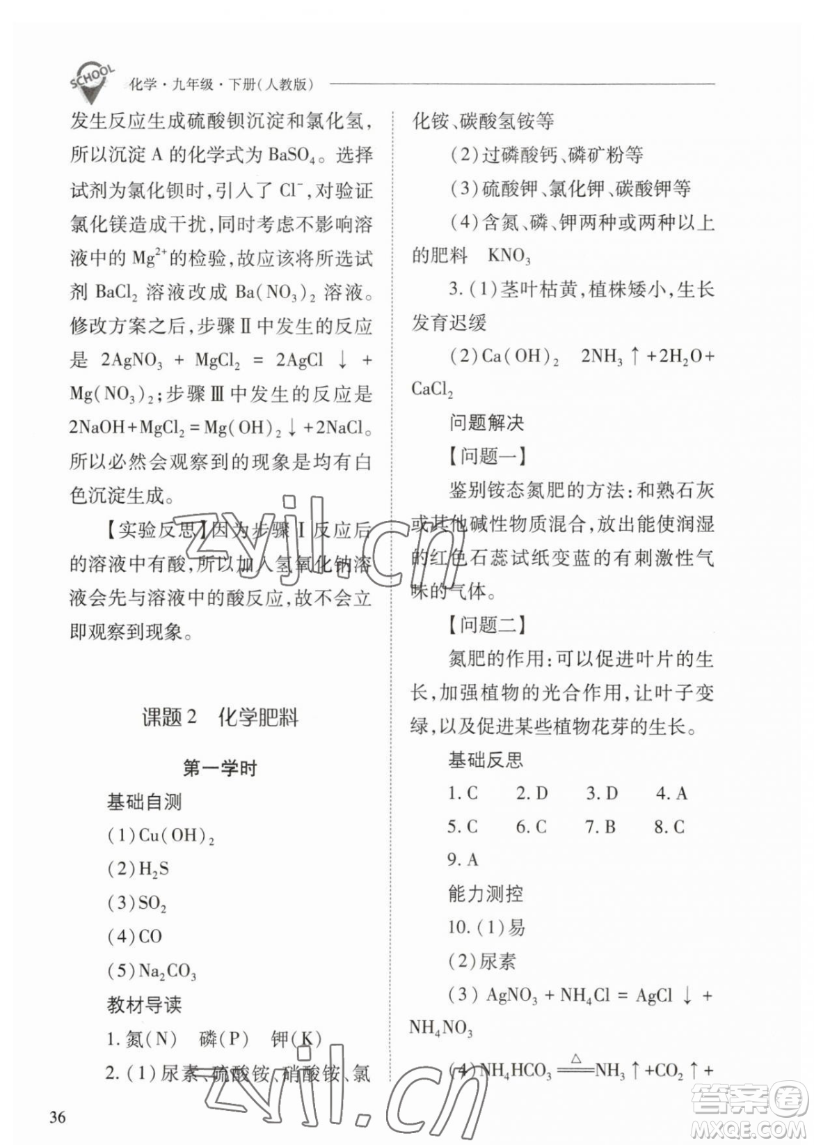 山西教育出版社2023新課程問題解決導(dǎo)學(xué)方案九年級下冊化學(xué)人教版參考答案