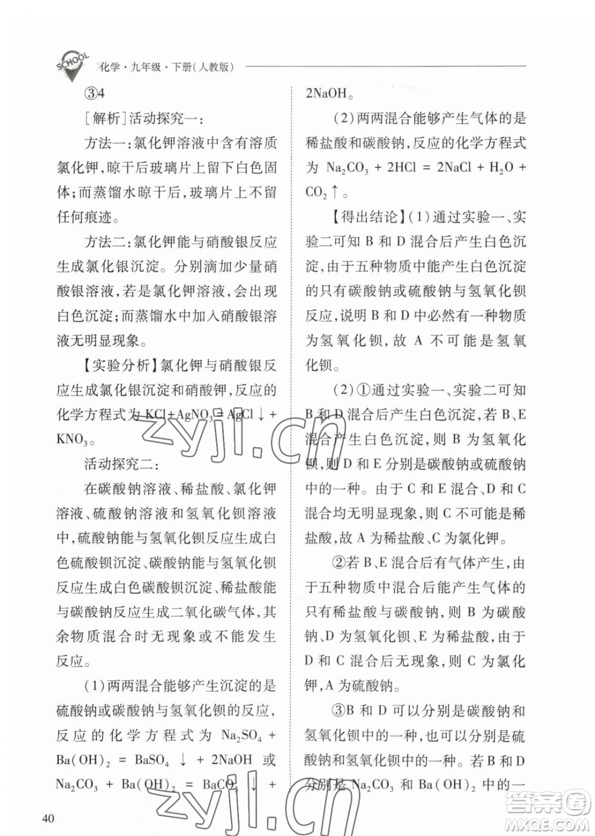 山西教育出版社2023新課程問題解決導(dǎo)學(xué)方案九年級下冊化學(xué)人教版參考答案