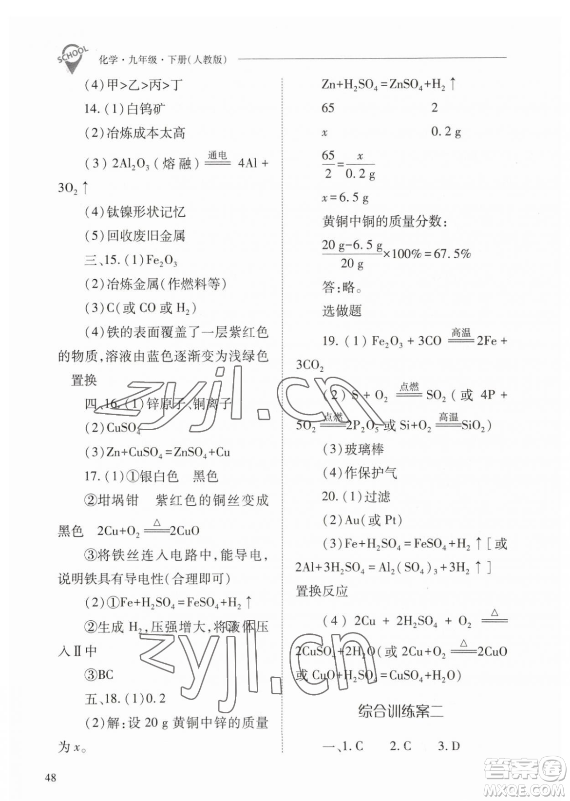 山西教育出版社2023新課程問題解決導(dǎo)學(xué)方案九年級下冊化學(xué)人教版參考答案