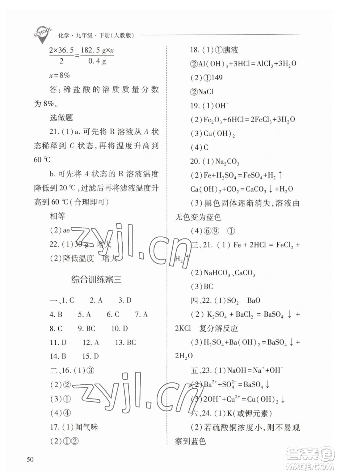 山西教育出版社2023新課程問題解決導(dǎo)學(xué)方案九年級下冊化學(xué)人教版參考答案