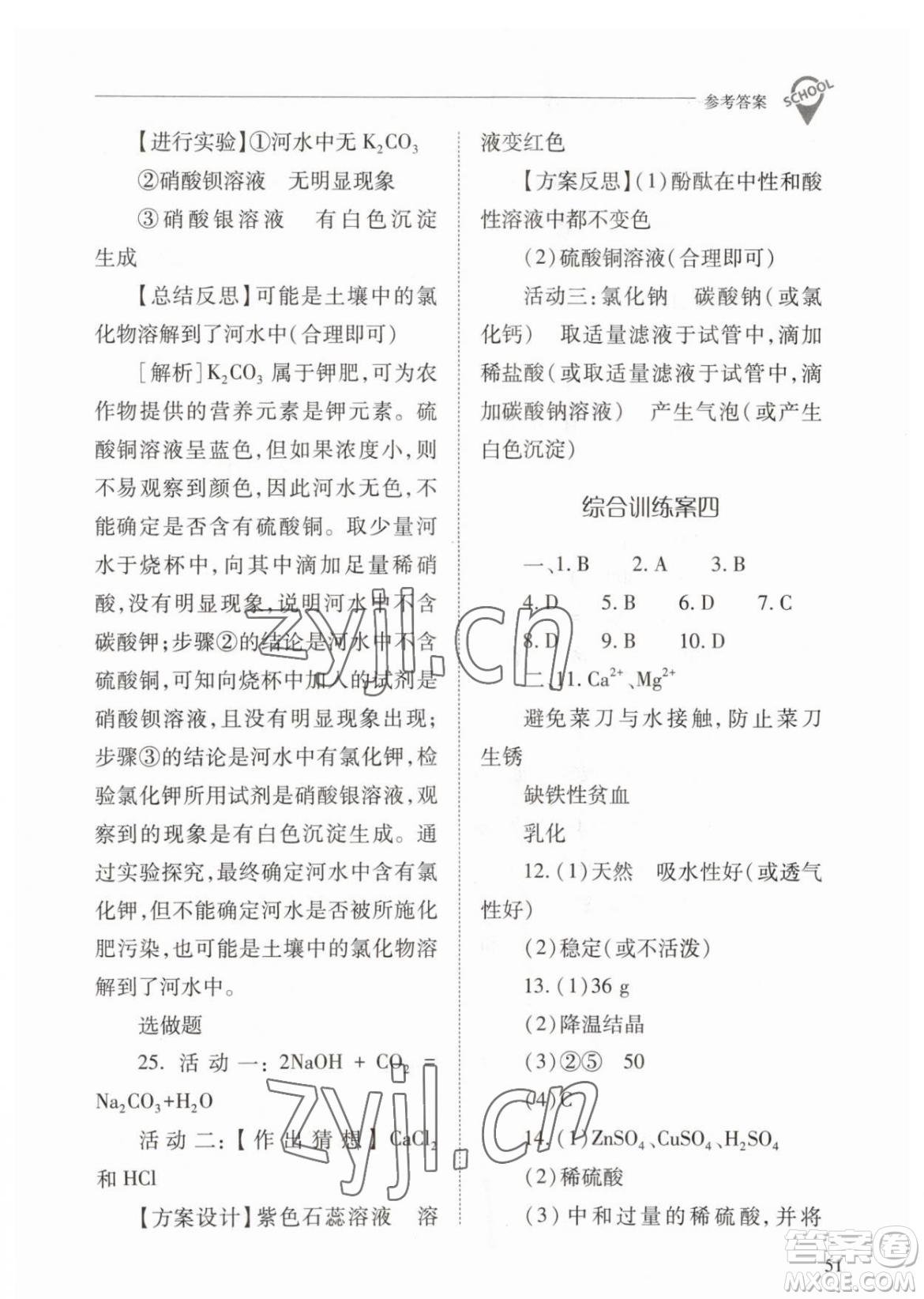 山西教育出版社2023新課程問題解決導(dǎo)學(xué)方案九年級下冊化學(xué)人教版參考答案
