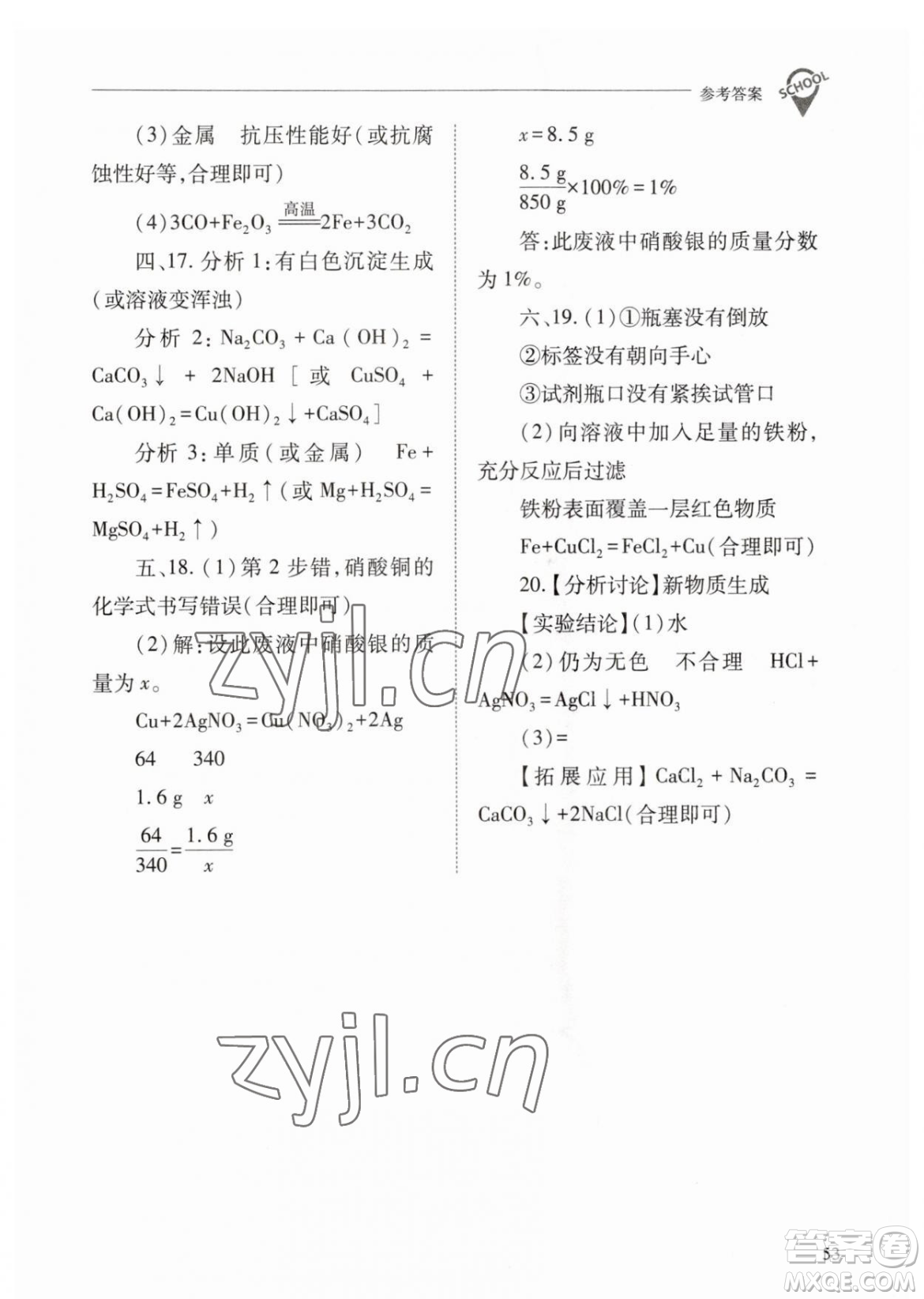 山西教育出版社2023新課程問題解決導(dǎo)學(xué)方案九年級下冊化學(xué)人教版參考答案