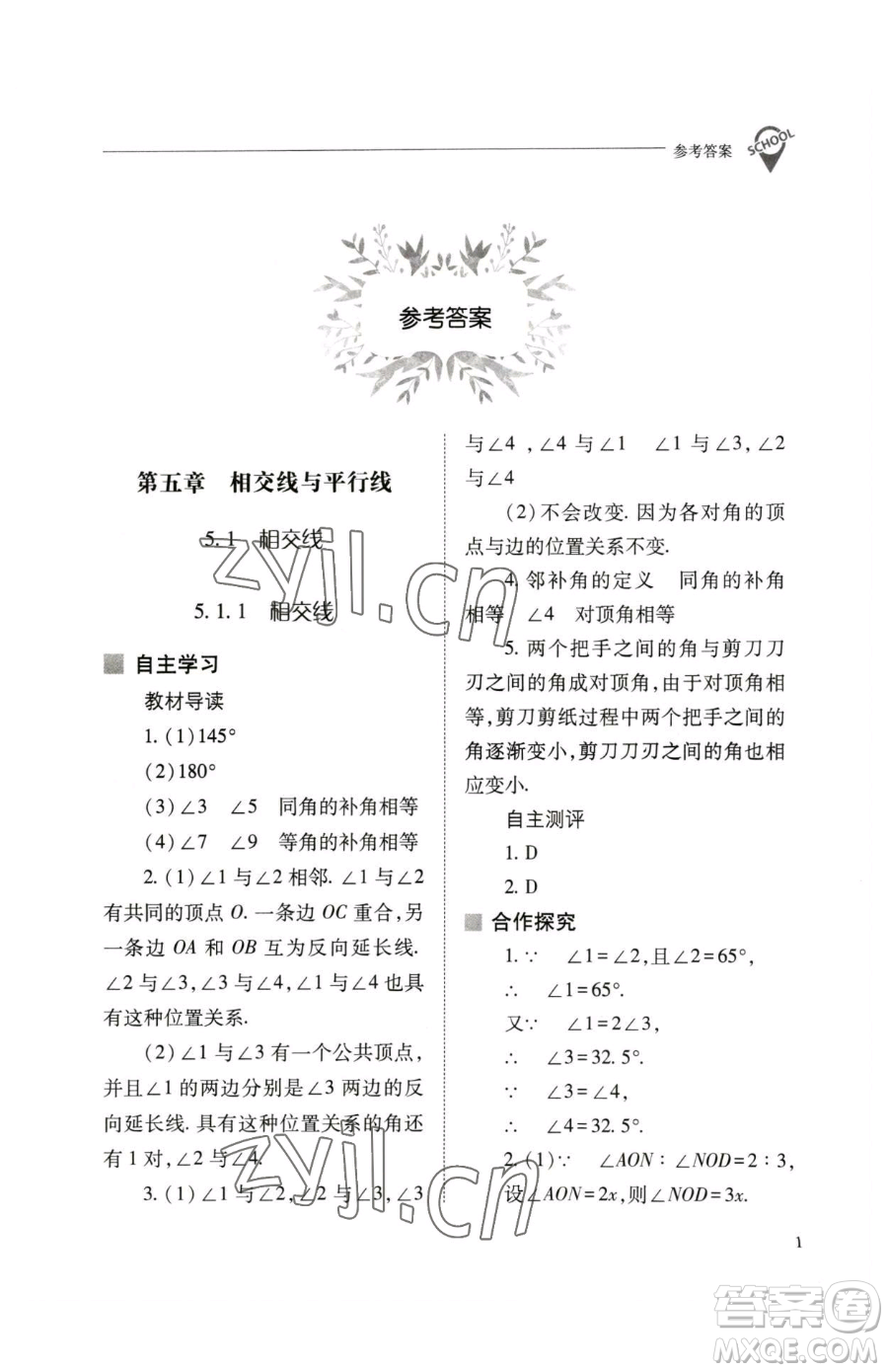 山西教育出版社2023新課程問題解決導學方案七年級下冊數學人教版參考答案